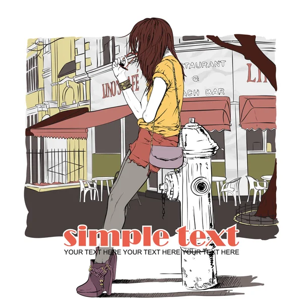 seksi kız ve yangın musluğu kroki tarzı bir cadde kafe arka planda.