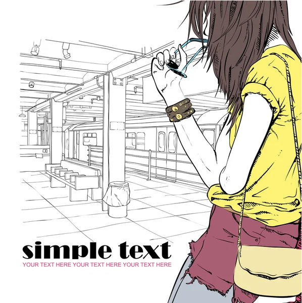 Yaz kızım ve kroki tarzı bir metro istasyonunun arka planda.