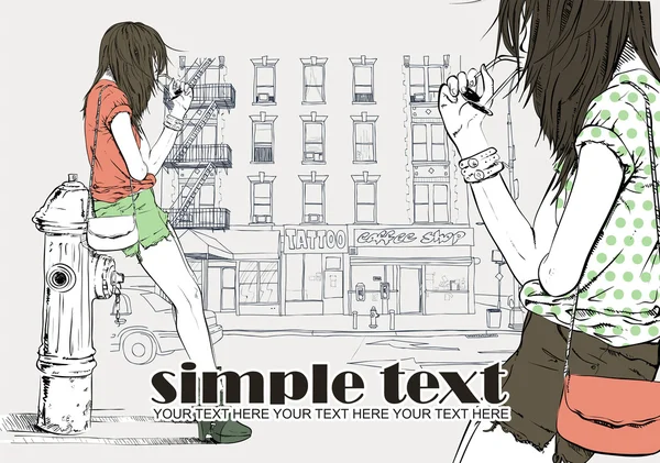 seksi kız ve yangın musluğu kroki tarzı bir şehir arka planda