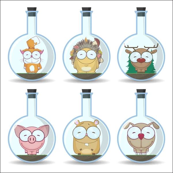 Set of vector illustration of flask with cartoon animals — ストックベクタ