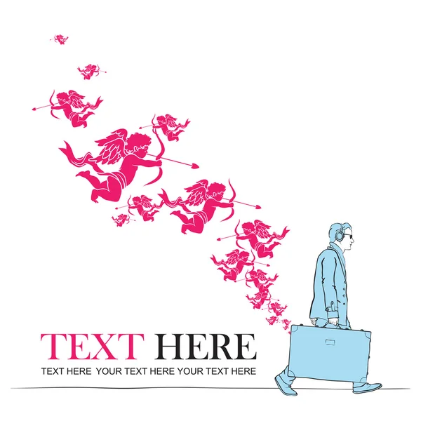 bir adam seyahat çantası ve cupids tasarlamak vektör çizim.