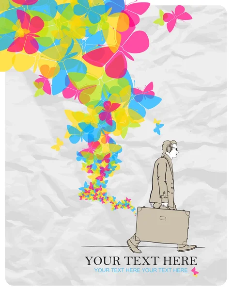 bir adam seyahat çantası ve kelebekler tasarlamak vektör çizim.