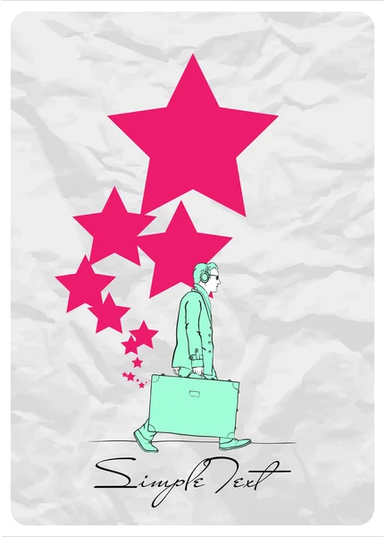 Ilustración vectorial abstracta de un hombre con bolsa de viaje y estrellas — Vector de stock