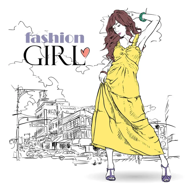Mode meisje in schets-stijl op een stad-achtergrond. — Stockvector