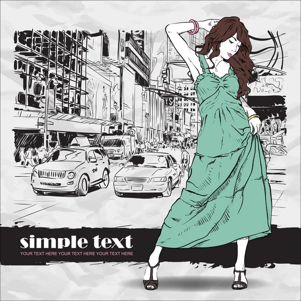 Kroki tarzı bir şehir arka planda kız moda.