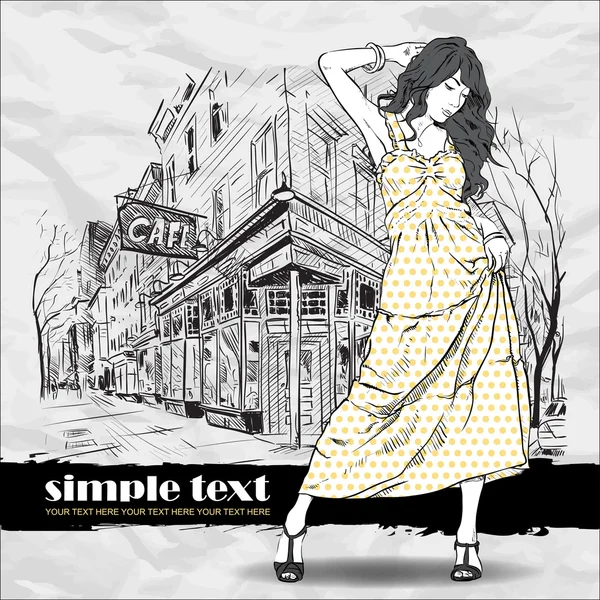 Kroki tarzı bir cadde kafe arka planda yaz kız