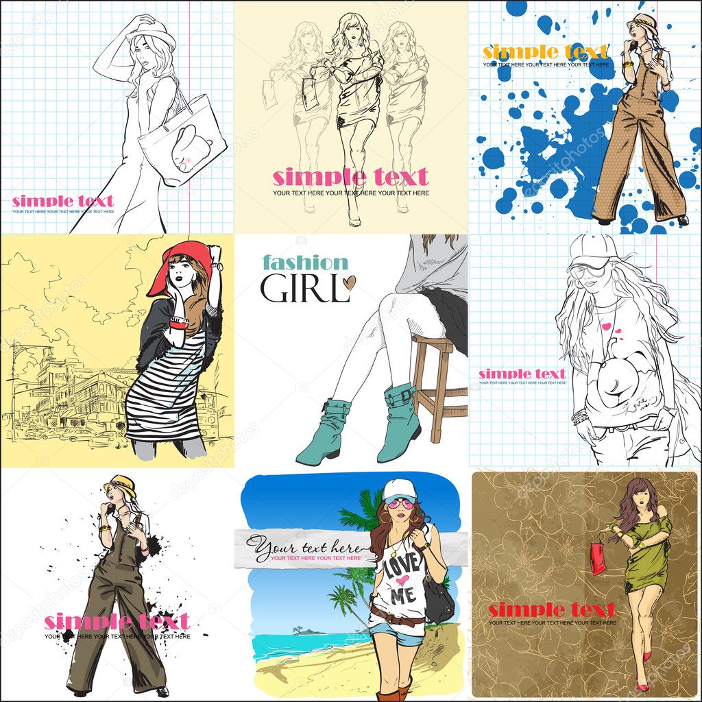 BIG vector set of cards with fashion girls.