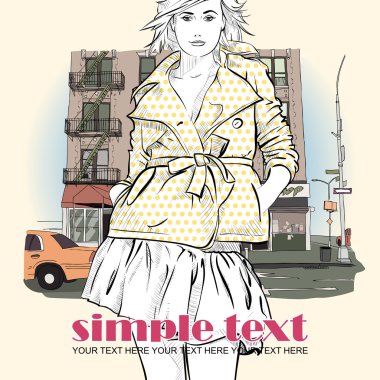 Kroki tarzı bir şehir arka planda kız moda.