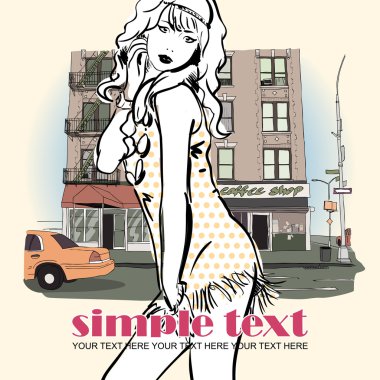 Kroki tarzı bir şehir arka planda kız moda.