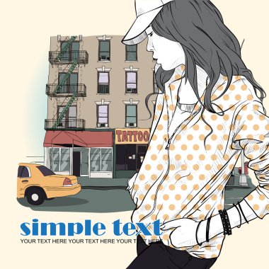 Kroki tarzı bir şehir arka planda kız moda.