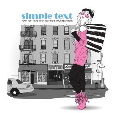 Kroki tarzı bir şehir arka planda kız moda.