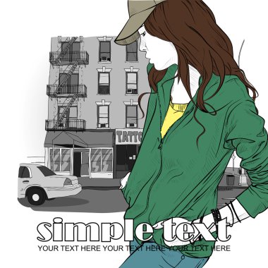 Kroki tarzı bir şehir arka planda kız moda.