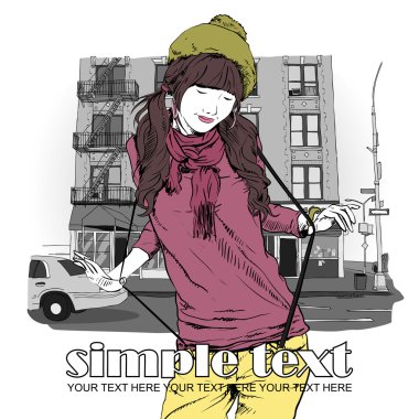 Kroki tarzı bir şehir arka planda kız moda.