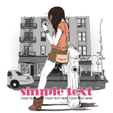 seksi kız ve yangın musluğu kroki tarzı bir şehir arka planda