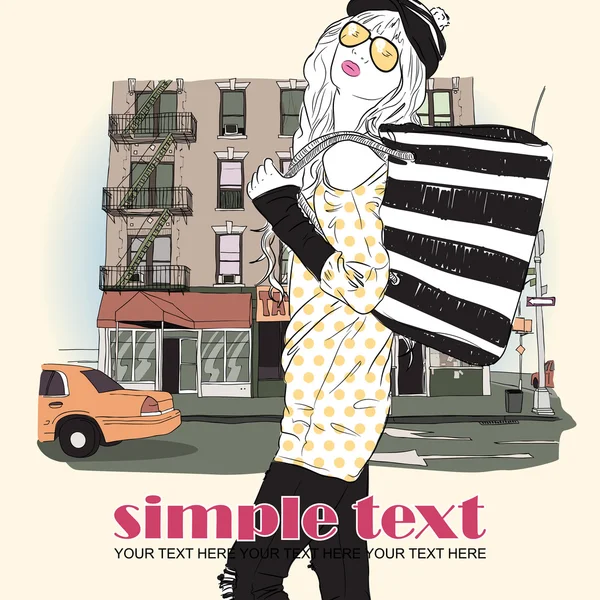 Kroki tarzı bir şehir arka planda kız moda.