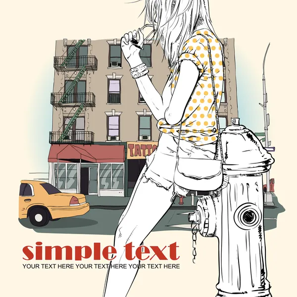 セクシーな女の子と都市背景のスケッチ スタイルの消火栓 — ストックベクタ