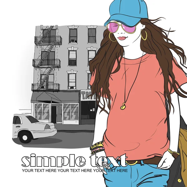 Fashion girl in sketch-style on a city-background. — Stock Vector