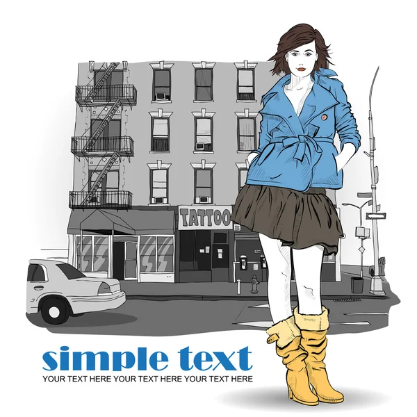 Kroki tarzı bir şehir arka planda kız moda.