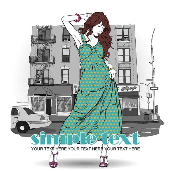 Kroki tarzı bir şehir arka planda kız moda.