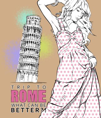 sevimli kız kroki tarzı bir İtalyan arka planda.