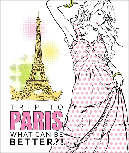 Young stylish girl on a eiffel tower background — Stock Vector