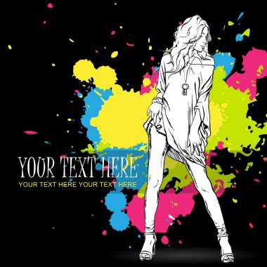 Kroki tarzı bir grunge arka planda kız seksi yaz. vektör çizim