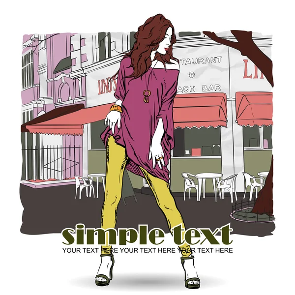 Sexy summer girl in sketch-style on a street cafe background. Vector illustration — Stock Vector