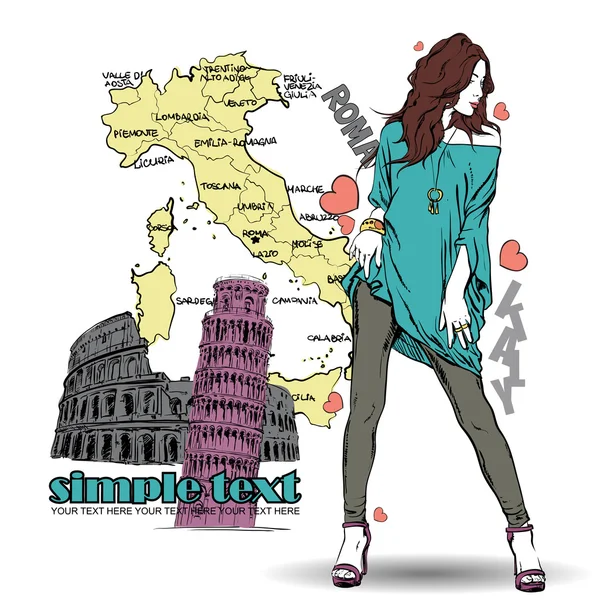 Linda chica de verano en estilo de boceto sobre un fondo italiano. Ilustración vectorial — Vector de stock
