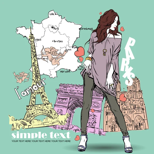 Sexy meisje in schets-stijl op een Franse achtergrond. vectorillustratie — Stockvector