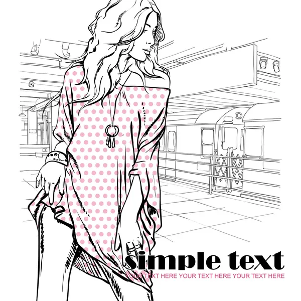 Sexy summer girl in sketch-style on a subway station. Vector illustration — Stock Vector