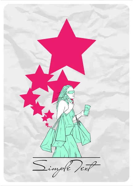 買い物袋と星を持つ少女。抽象的なベクトル イラスト. — ストックベクタ