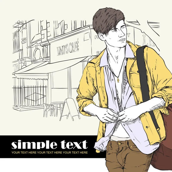 Стильный парень с сумкой на фоне уличного кафе. Векторная иллюстрация . — стоковый вектор