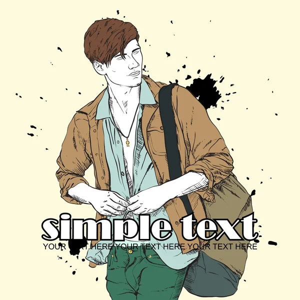 Stylish guy with bag on a grunge background. Vector illustration. — Stock Vector