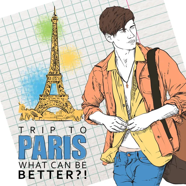 Ilustracja wektorowa elegancki facet w płaszcz na tle francuskiej. — Wektor stockowy