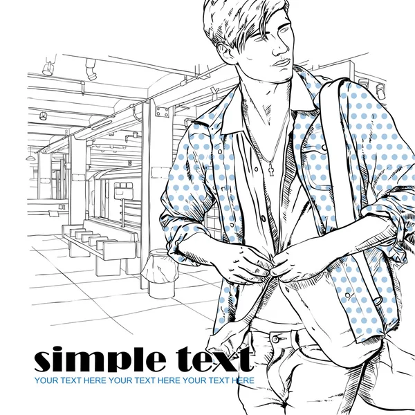 Stylish guy at subway station. Place for your text. Vector illustration — Stock Vector