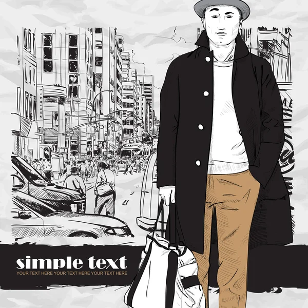 Mode jongen in schets-stijl op een megapolis-pagina overleden vectorillustratie. — Stockvector