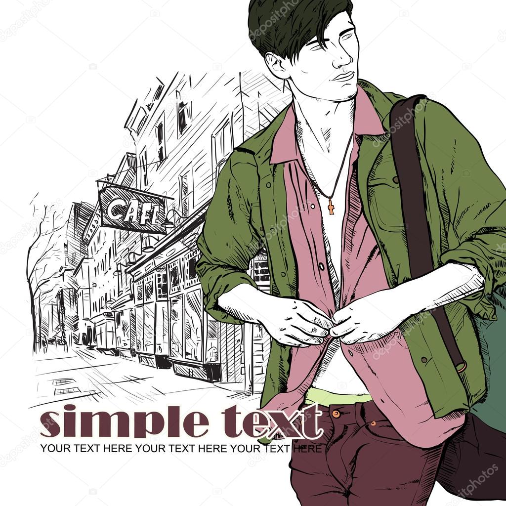 Stylish guy with bag on a street-cafe background. Vector illustration.