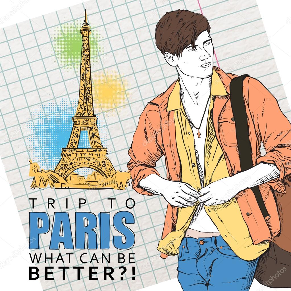 Vector illustration of the stylish guy in a coat on a french background.