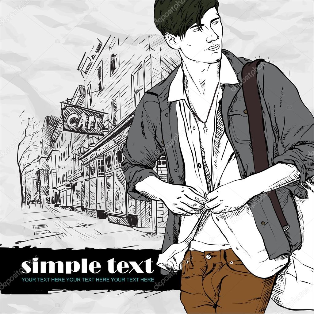 Stylish guy with bag on a street-cafe background. Vector illustration.