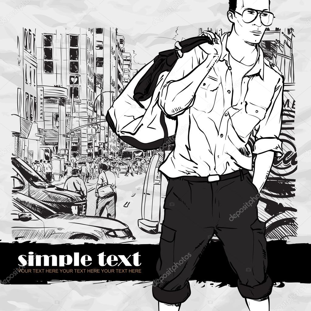 Stylish guy on a street background. Place for your text. Vector illustration