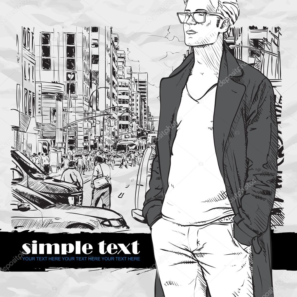 Stylish guy on a street background. Place for your text. Vector illustration