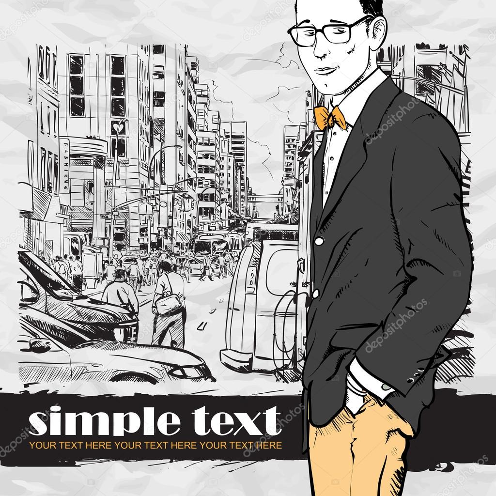 Fashion men with bag in sketch-style on a city-background. Vector illustration.