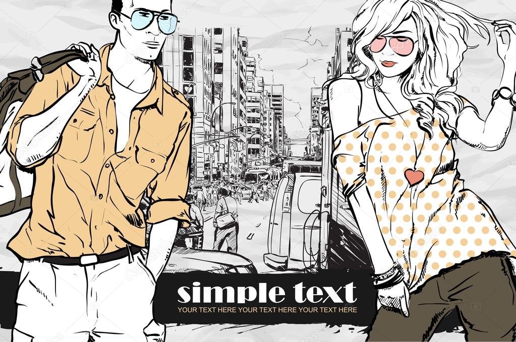 Vector illustration of fashion girl and stylish guy on a street-background . Place for your text.