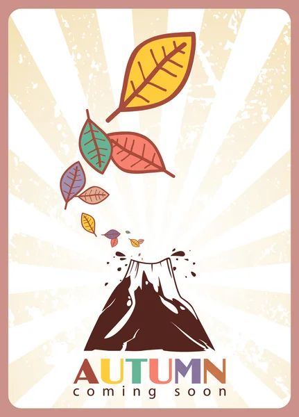 Abstract autumnal vector illustration with volcano and leafs. — Stock Vector