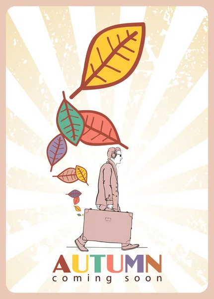 Abstract autumnal vector illustration of men with travel bag and leafs. — Stock Vector