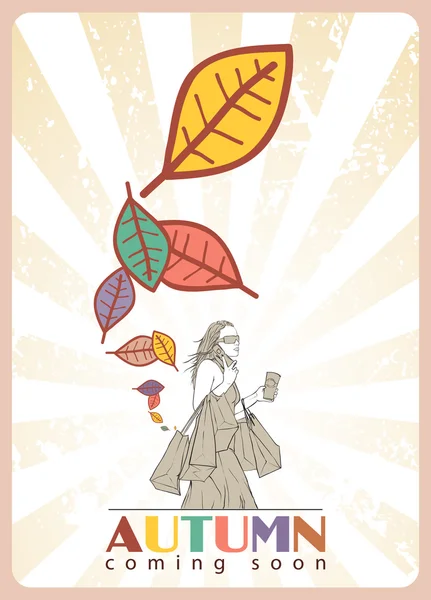 抽象与妇女秋季矢量插画和枫叶. — 图库矢量图片