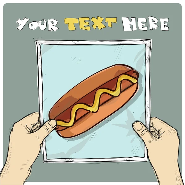 Ritning på ett papper med hotdog illustration i händerna. vektor. — Stock vektor