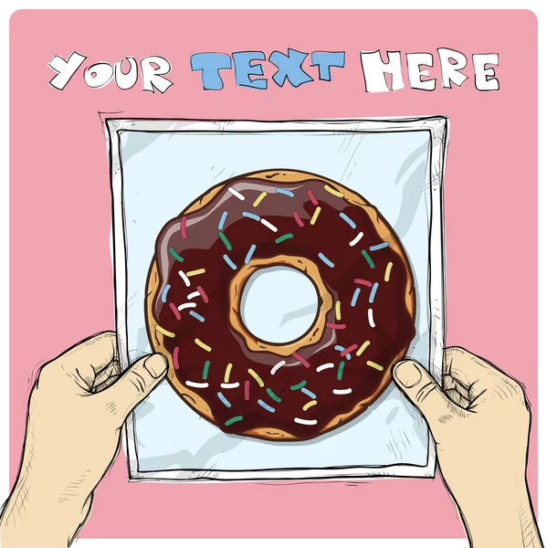 Ritning på ett papper med tecknade donut illustration i händerna. vektor. — Stock vektor