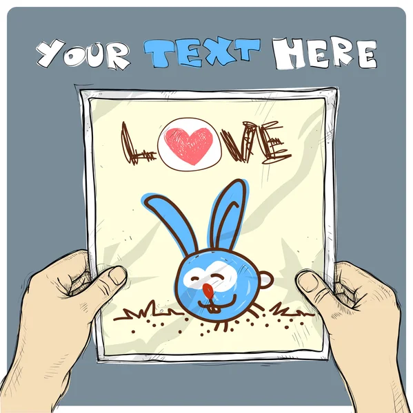 Desenho de uma folha de papel com ilustração de coelho de desenho animado em mãos. Vetor . — Vetor de Stock