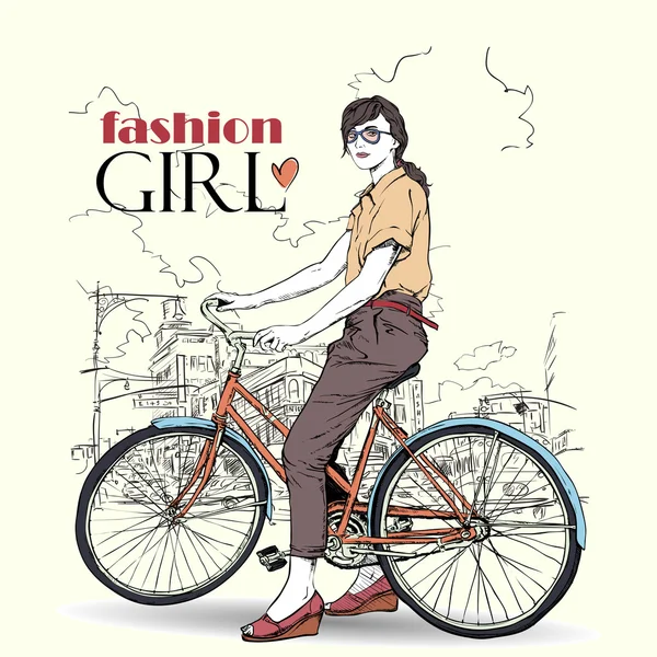 Hübsches Mädchen mit Fahrrad auf einer Straße Hintergrund. Vektorillustration — Stockvektor